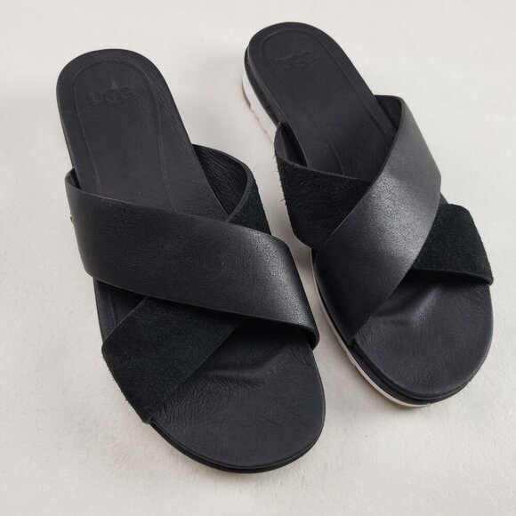 Ugg Kari Leather Slide Sandal Womens 7.5 Black Slip On Open Toe Crisscross Strap - Picture 1 of 10